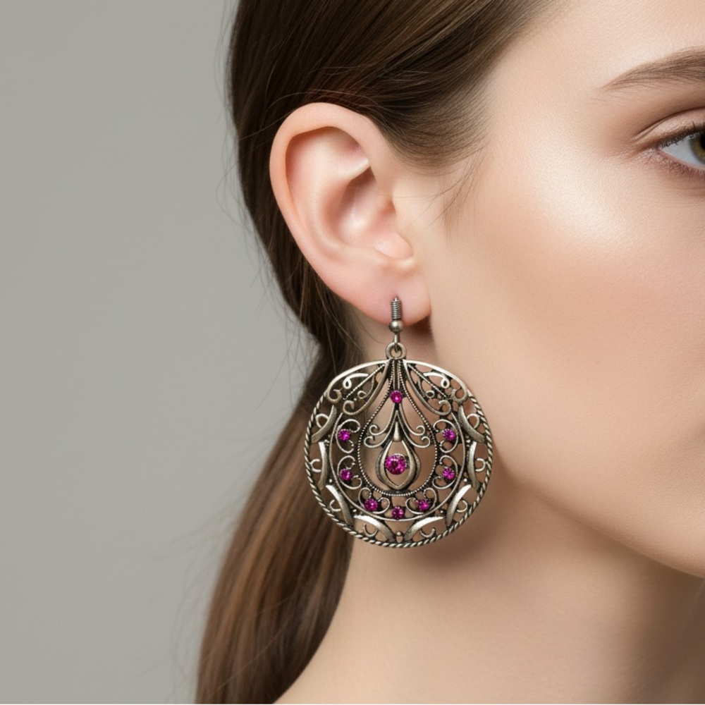 Silver Filigree Pink Rhinestone Earrings | Vintage Swirl Dangle